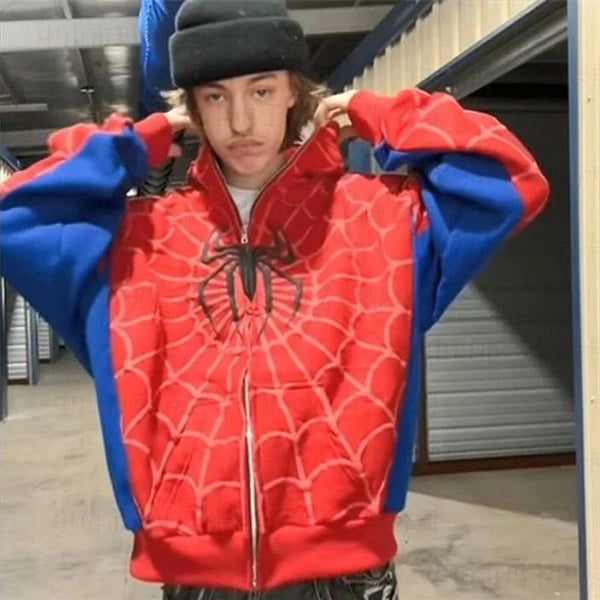 Planet Gates red / XL New cross-border European and American style autumn and winter spider print patchwork cardigan zipper hooded sweatshirt