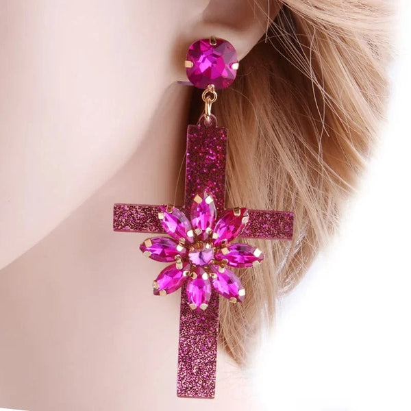 Planet Gates rose Drop Resin Cross Earrings Brand Crystal Big Earring Large Long Brinco Ear Accessories Oorbellen Christmas Gift jewelr