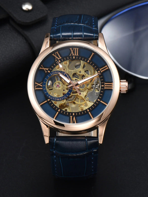Planet Gates Rose gold blue Man watch automatic movement rome skeleton wholesale automatic watch leathers waterproof LONGLUX mechanical wrist watches