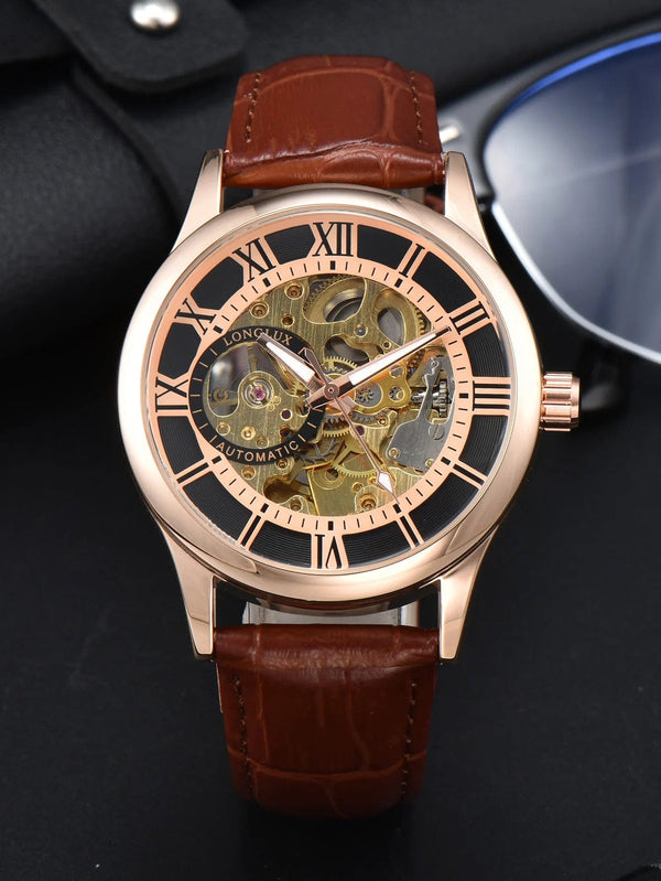 Planet Gates Rose gold Man watch automatic movement rome skeleton wholesale automatic watch leathers waterproof LONGLUX mechanical wrist watches