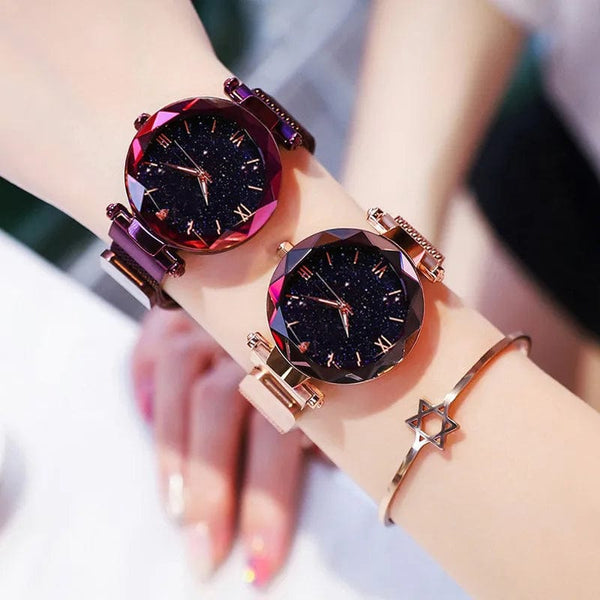 Planet Gates Rose Gold Womens Fashion Starry Sky Watches Magnet Buckle Mesh Belt Diamond Quartz Watch Women Dress Clock