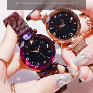 Planet Gates Rose Gold Womens Fashion Starry Sky Watches Magnet Buckle Mesh Belt Diamond Quartz Watch Women Dress Clock