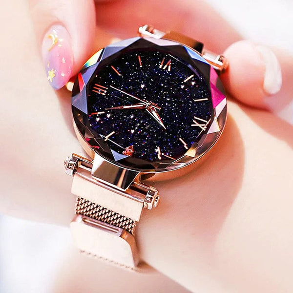 Planet Gates Rose Gold Womens Fashion Starry Sky Watches Magnet Buckle Mesh Belt Diamond Quartz Watch Women Dress Clock