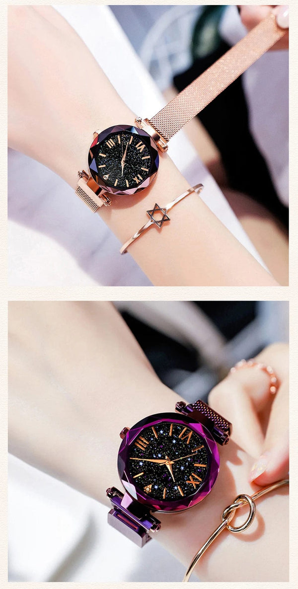 Planet Gates Rose Gold Womens Fashion Starry Sky Watches Magnet Buckle Mesh Belt Diamond Quartz Watch Women Dress Clock