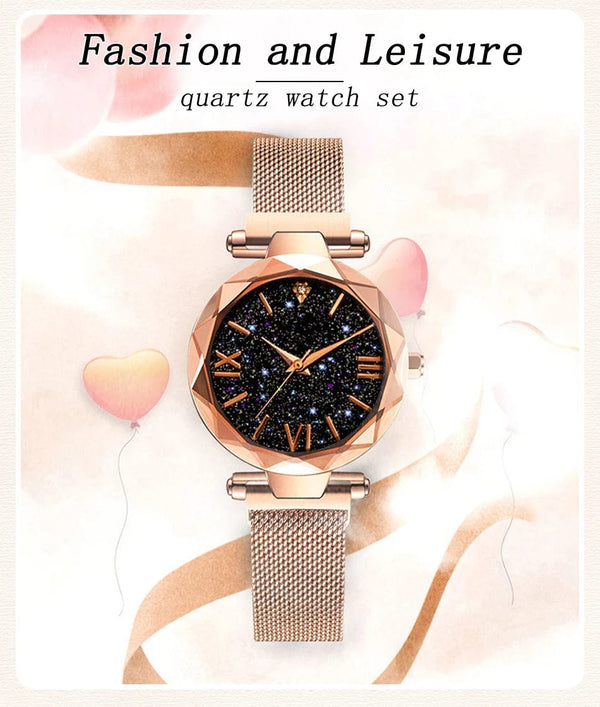 Planet Gates Rose Gold Womens Fashion Starry Sky Watches Magnet Buckle Mesh Belt Diamond Quartz Watch Women Dress Clock
