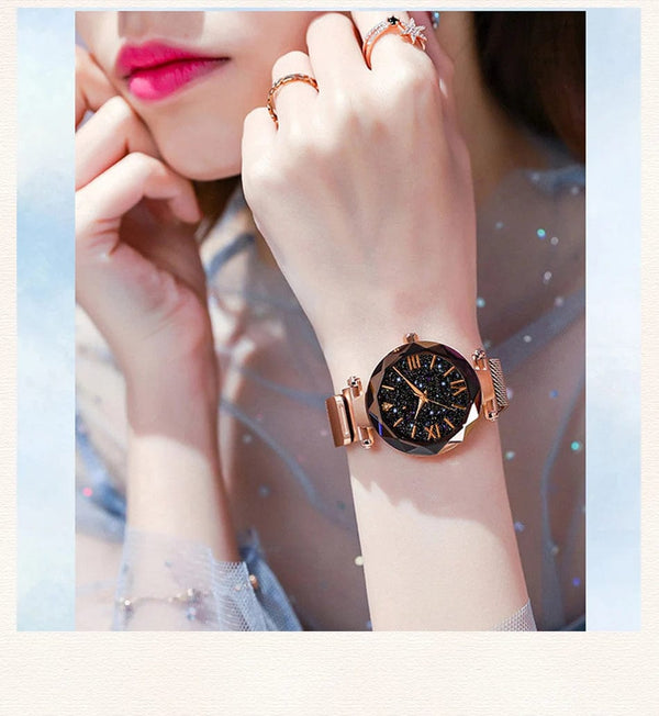 Planet Gates Rose Gold Womens Fashion Starry Sky Watches Magnet Buckle Mesh Belt Diamond Quartz Watch Women Dress Clock