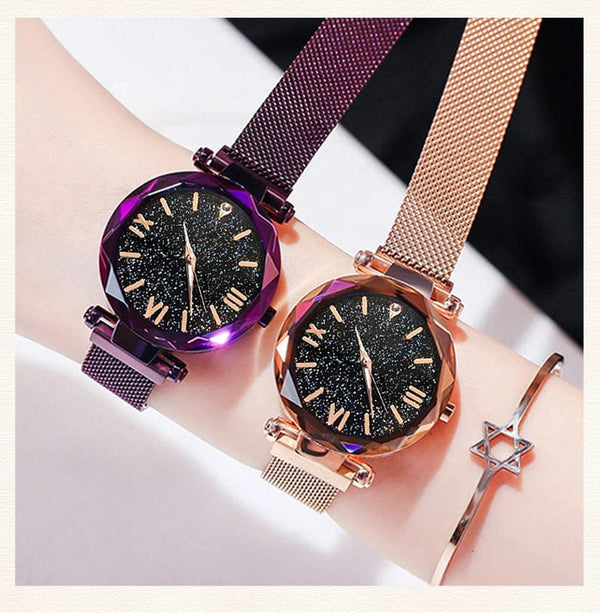 Planet Gates Rose Gold Womens Fashion Starry Sky Watches Magnet Buckle Mesh Belt Diamond Quartz Watch Women Dress Clock