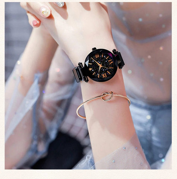 Planet Gates Rose Gold Womens Fashion Starry Sky Watches Magnet Buckle Mesh Belt Diamond Quartz Watch Women Dress Clock
