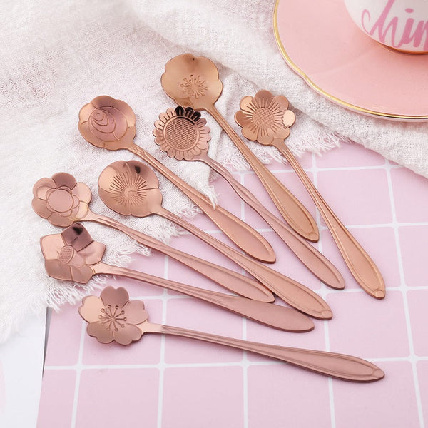 Planet Gates Rose Golden / 8pcs/set Romantic Flower Stainless Steel Coffee Spoon 8-Piece Set Dessert Stirring Spoon Flower Tea Spoon Wedding Gift Spoon Afternoon Tea