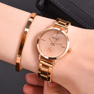 Planet Gates Rose / No 2pcs Women's Fashion Simple Rose Gold Steel Band Quartz Watch+LOVE Bracelet Set