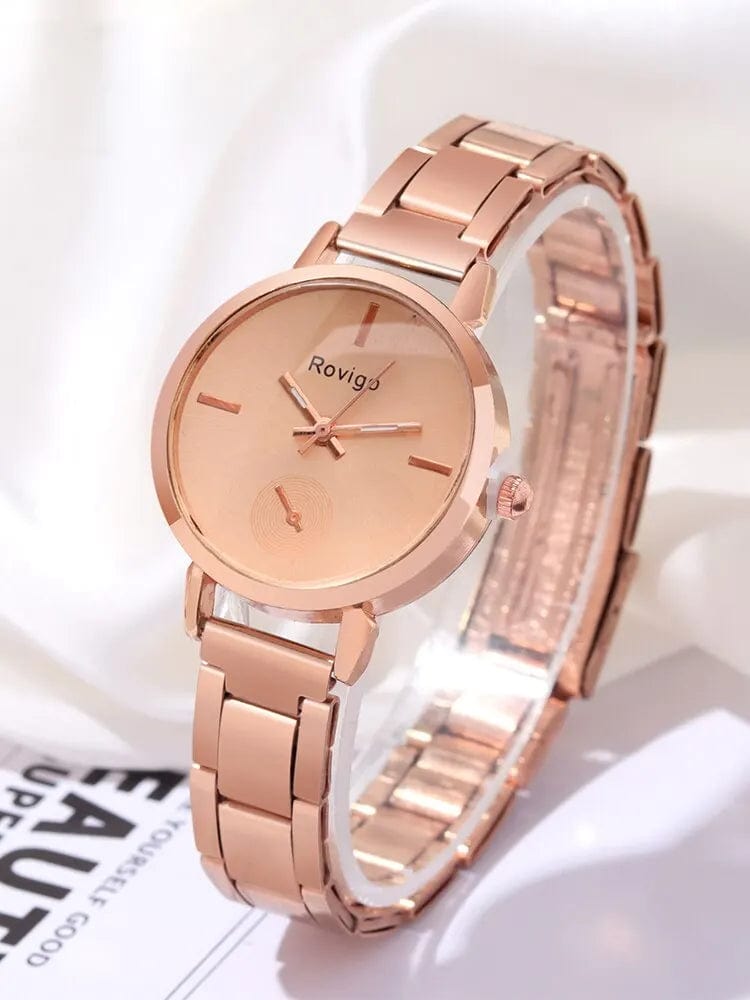 Planet Gates Rose / No 2pcs Women's Fashion Simple Rose Gold Steel Band Quartz Watch+LOVE Bracelet Set