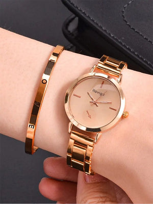 Planet Gates Rose / No 2pcs Women's Fashion Simple Rose Gold Steel Band Quartz Watch+LOVE Bracelet Set