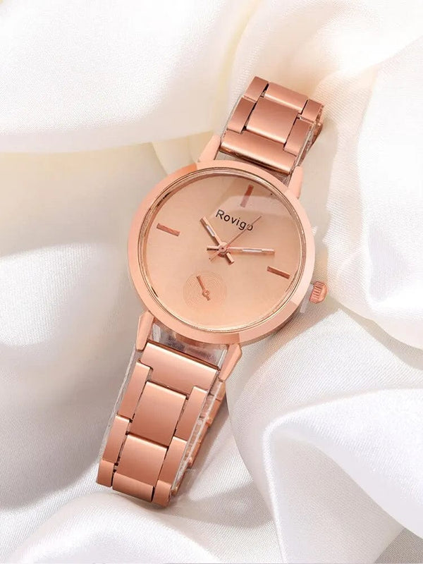 Planet Gates Rose / No 2pcs Women's Fashion Simple Rose Gold Steel Band Quartz Watch+LOVE Bracelet Set