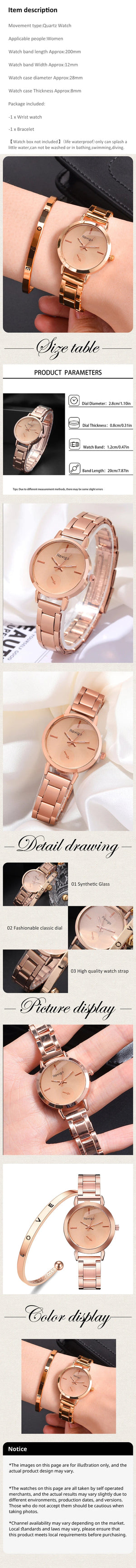 Planet Gates Rose / No 2pcs Women's Fashion Simple Rose Gold Steel Band Quartz Watch+LOVE Bracelet Set