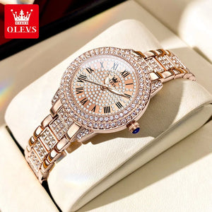 Planet Gates Rose OLEVS Full Diamond Roman Dial Watch Women Luxury Elegant Stainless steel Waterproof High Quality Quartz Women's Watches 9943