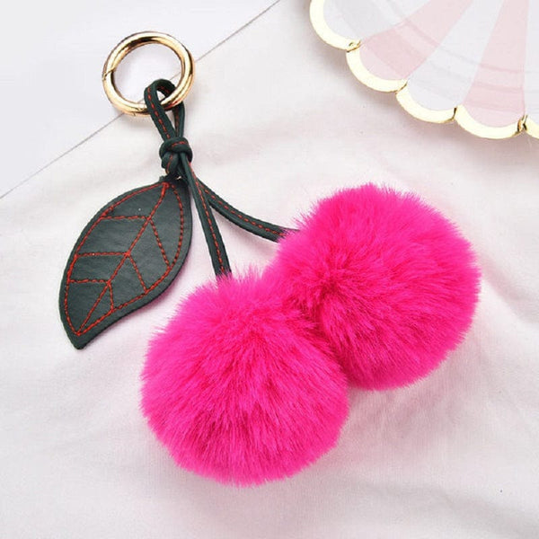 Planet Gates Rose Red Adorable Fluffy Cherry Keychain - A Perfect Accessory for Your Car or Handbag!
