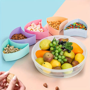 Planet Gates Round 1pc Fruit Snack Serving Tray With Lid, 30.99 Cm Fruit Serving Container, 5 Colorful Compartment Round Appetizer Serving Platter For Parties