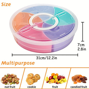 Planet Gates Round 1pc Fruit Snack Serving Tray With Lid, 30.99 Cm Fruit Serving Container, 5 Colorful Compartment Round Appetizer Serving Platter For Parties