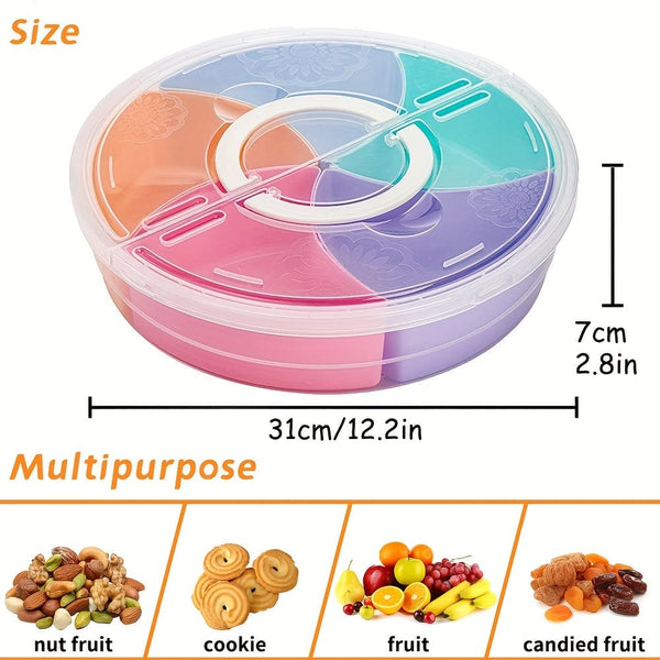 Planet Gates Round 1pc Fruit Snack Serving Tray With Lid, 30.99 Cm Fruit Serving Container, 5 Colorful Compartment Round Appetizer Serving Platter For Parties