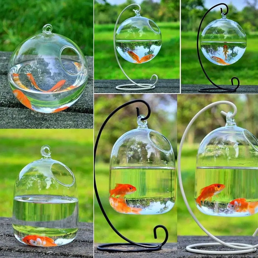 Planet Gates Round/Rectangle Shape Hanging Glass Aquarium Fish Tank Fish Bowl Transparent Vase Ornament With Rack Holder Home Decoration