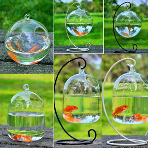 Planet Gates Round/Rectangle Shape Hanging Glass Aquarium Fish Tank Fish Bowl Transparent Vase Ornament With Rack Holder Home Decoration