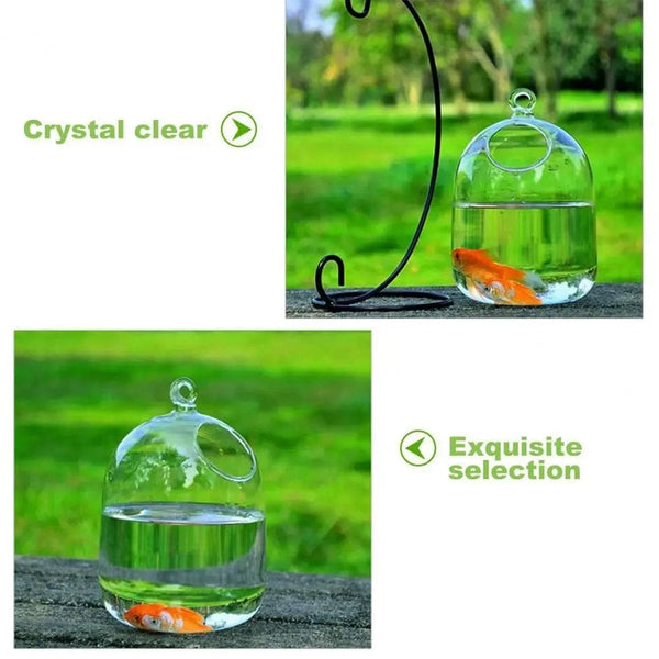 Planet Gates Round/Rectangle Shape Hanging Glass Aquarium Fish Tank Fish Bowl Transparent Vase Ornament With Rack Holder Home Decoration