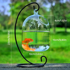 Planet Gates Round/Rectangle Shape Hanging Glass Aquarium Fish Tank Fish Bowl Transparent Vase Ornament With Rack Holder Home Decoration