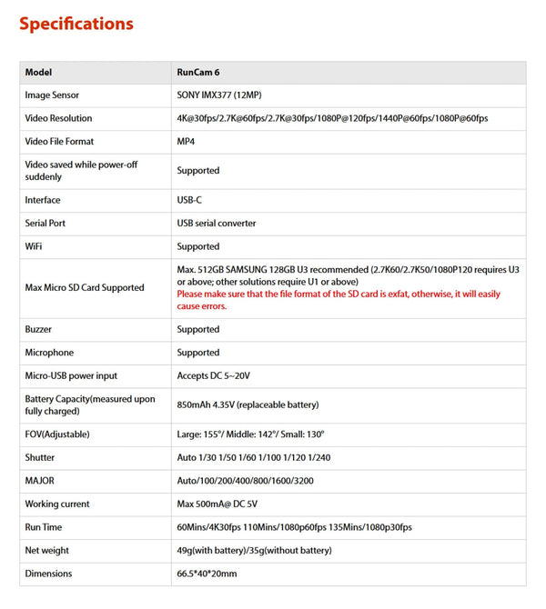 Planet Gates RunCam6 RunCam 6 4K 30FPS FPV Action Sport Camera