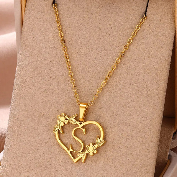 Planet Gates S / 45cm / CHINA Gold Color Dainty Flower Initials Necklace Women Girl Stainless Steel Heart Letter Choker Necklace Best Gifts Alphabet Jewelry