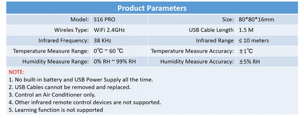 Planet Gates S16 PRO Tuya WiFi AC Thermostat Universal AC Remote Control Smart Life Temperature Thremostat Built-in Temperature Humidity Sensor