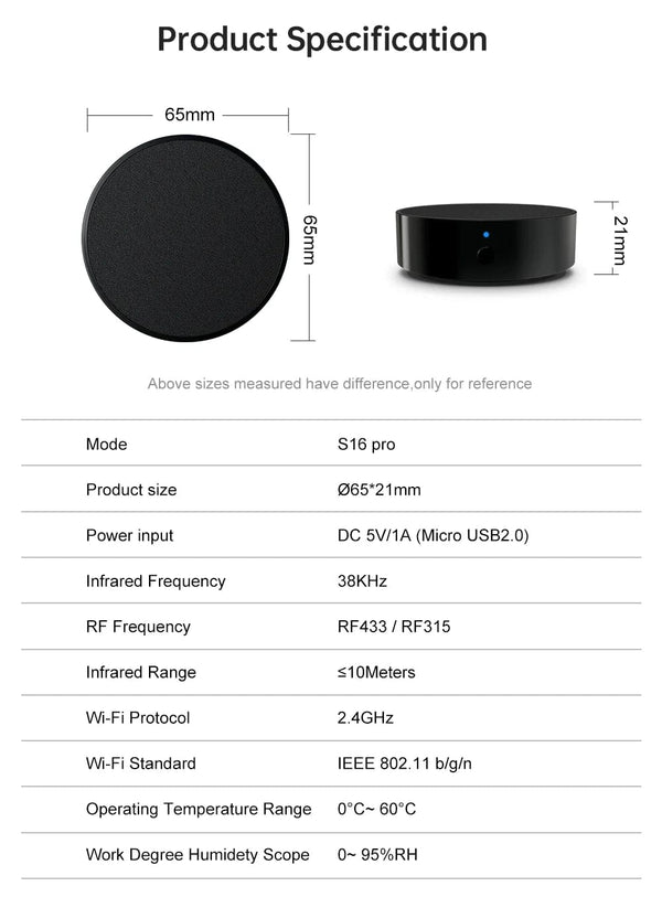 Planet Gates S16Pro AVATTO Tuya Universal WiFi RF+IR Remote Control with DIY RF433/RF315 Appliances,Smart Infrared Remote Control Work for AC/TV/DVD