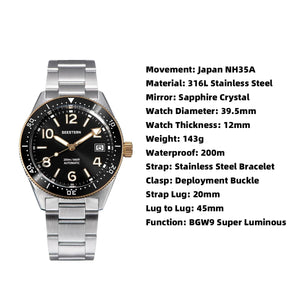 Planet Gates S434 Diver Watch Men Automatic NH35A Movement BGW9 Luminous Mechanical Wristwatches 20ATM Waterproof Sapphire Deployment Buckle