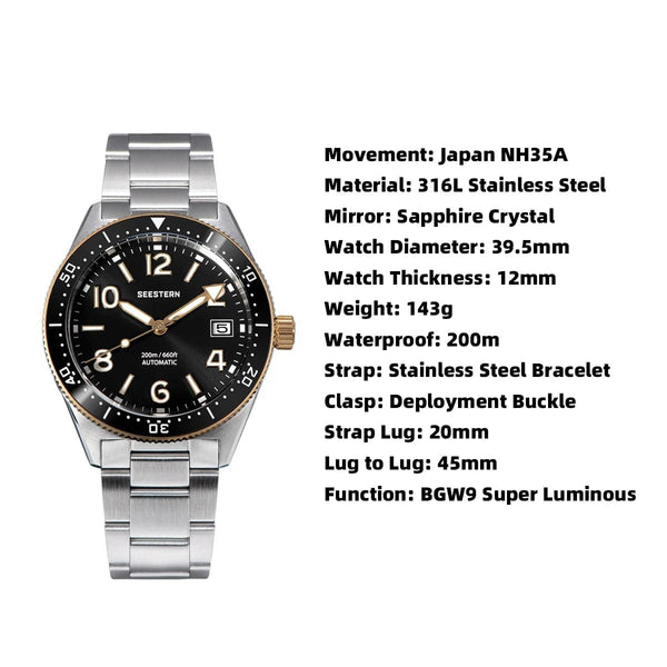 Planet Gates S434 Diver Watch Men Automatic NH35A Movement BGW9 Luminous Mechanical Wristwatches 20ATM Waterproof Sapphire Deployment Buckle