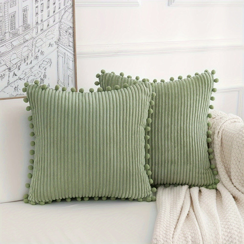 Planet Gates Sage Green / 45x45cm/18x18inch 2pcs, Simple Solid Color Corduroy Cushion Cover, Living Room Sofa Bedroom Fur Ball Pillow Pillow Cover, Corduroy Straight Strip Large Fur Ball Pillow Cover, Sofa Waist Rest, (Pillow Insert Not Included)