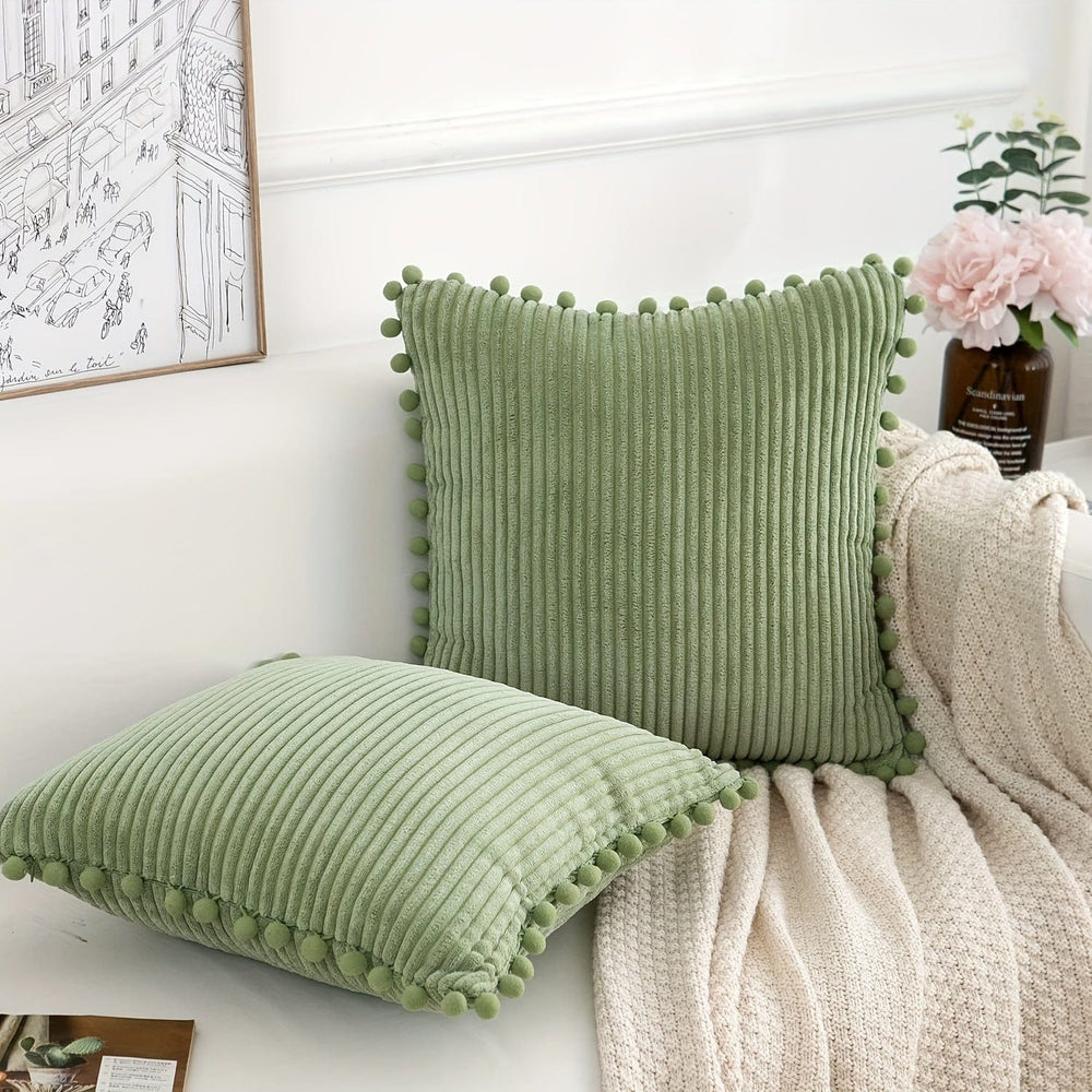Planet Gates Sage Green / 45x45cm/18x18inch 2pcs, Simple Solid Color Corduroy Cushion Cover, Living Room Sofa Bedroom Fur Ball Pillow Pillow Cover, Corduroy Straight Strip Large Fur Ball Pillow Cover, Sofa Waist Rest, (Pillow Insert Not Included)