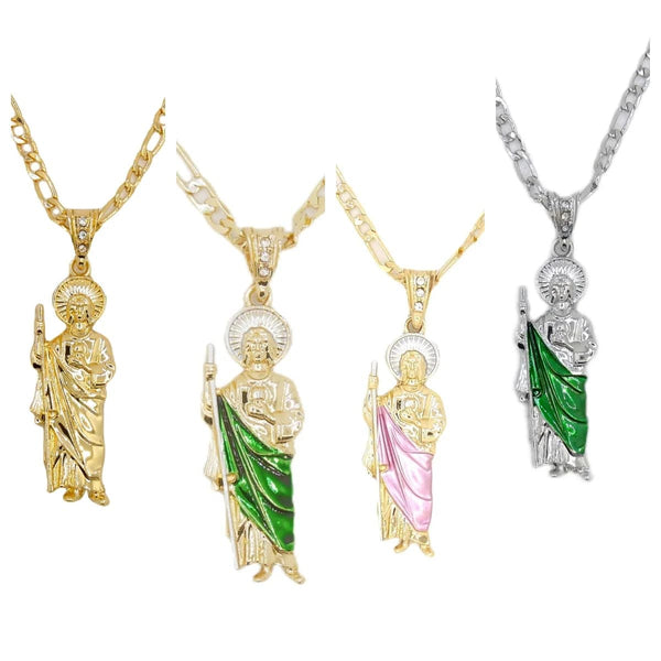 Planet Gates Saint Jude Necklace 14K Gold Plated San Judas Pendant Figaro Chain