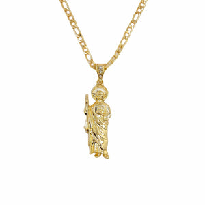 Planet Gates Saint Jude Necklace 14K Gold Plated San Judas Pendant Figaro Chain