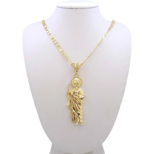Planet Gates Saint Jude Necklace 14K Gold Plated San Judas Pendant Figaro Chain