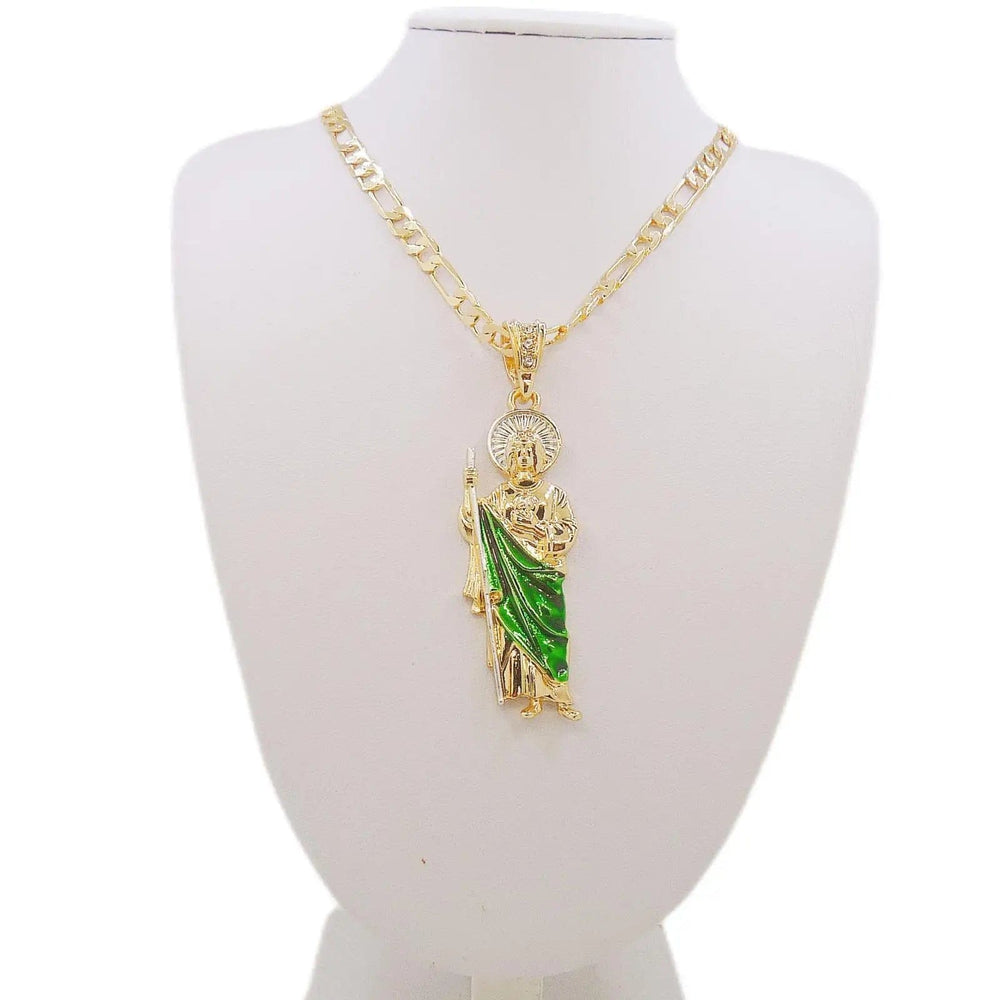 Planet Gates Saint Jude Necklace 14K Gold Plated San Judas Pendant Figaro Chain