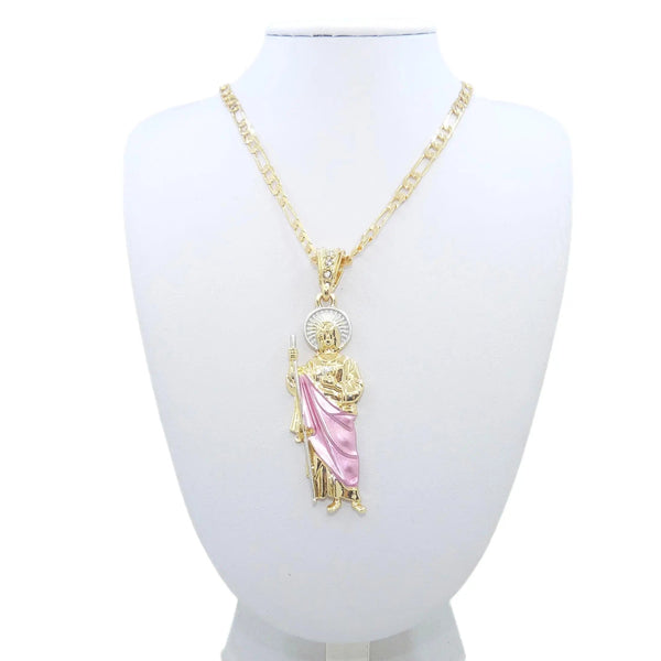 Planet Gates Saint Jude Necklace 14K Gold Plated San Judas Pendant Figaro Chain
