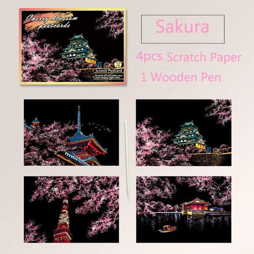 Planet Gates Sakura 20*14cm Scratch Rainbow Magic Painting Paper Toy World City Attractions Series For Children DIY Drawing Adult Decompression Gift