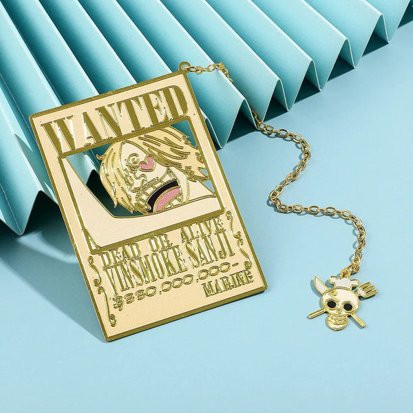 Planet Gates Sanji Anime One Piece Piratesreward Metal Bookmarks with Tassel Gold Color Luffy Wanted Book Marks Gifts for Fans Collection Supplies
