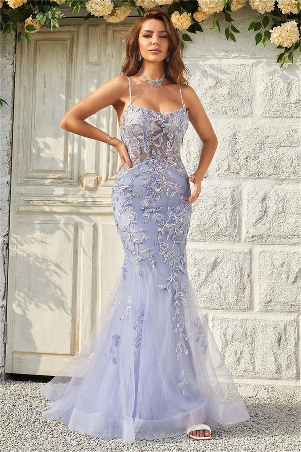 Planet Gates Sansa Lavender Sexy Backless Mermaid Prom Dress Spaghetti Strap vestidos de fiesta Lace Embroidery Tulle Evening Dress 2024