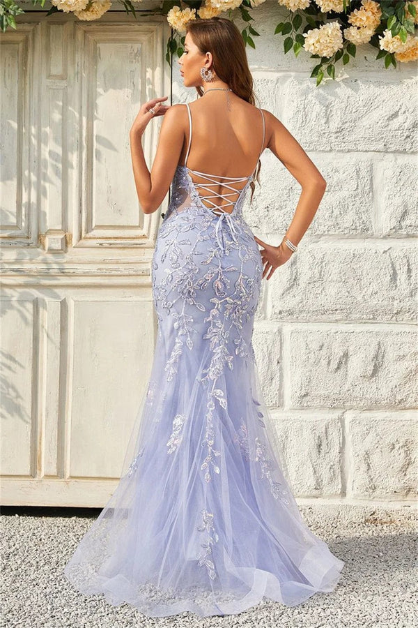 Planet Gates Sansa Lavender Sexy Backless Mermaid Prom Dress Spaghetti Strap vestidos de fiesta Lace Embroidery Tulle Evening Dress 2024