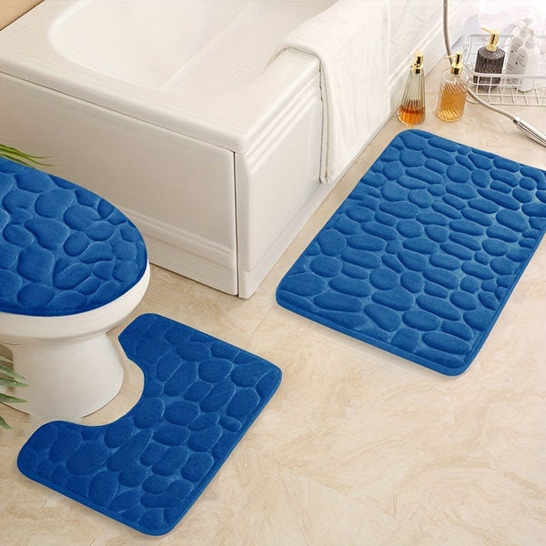 Planet Gates Sapphire 3pcs/set, Memory Foam Bathroom Rugs Set, Cobblestone Embossed Ultra Soft Non-Slip Bath Rug & Absorbent Bath Mat Carpets, Includes U-Shaped Contour Rug, Perfect For Bathroom/Shower, Bathroom Supplies