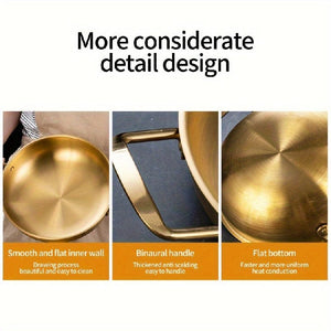 Planet Gates Seafood Griddle (double Ears) Without Lid-gold 18cm 1pc, Korean Seafood Pot, Stainless Steel Ramen Noodles Pot For Hot Pot, Golden Instant Noodle Pot, Two Ear Noodle Pot, Kitchen Utensils, Camping Cooking Tools, Cookware