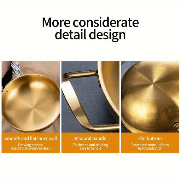 Planet Gates Seafood Griddle (double Ears) Without Lid-gold 18cm 1pc, Korean Seafood Pot, Stainless Steel Ramen Noodles Pot For Hot Pot, Golden Instant Noodle Pot, Two Ear Noodle Pot, Kitchen Utensils, Camping Cooking Tools, Cookware