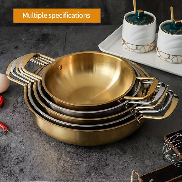 Planet Gates Seafood Griddle (double Ears) Without Lid-gold 18cm 1pc, Korean Seafood Pot, Stainless Steel Ramen Noodles Pot For Hot Pot, Golden Instant Noodle Pot, Two Ear Noodle Pot, Kitchen Utensils, Camping Cooking Tools, Cookware