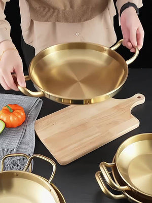 Planet Gates Seafood Griddle (double Ears) Without Lid-gold 18cm 1pc, Korean Seafood Pot, Stainless Steel Ramen Noodles Pot For Hot Pot, Golden Instant Noodle Pot, Two Ear Noodle Pot, Kitchen Utensils, Camping Cooking Tools, Cookware