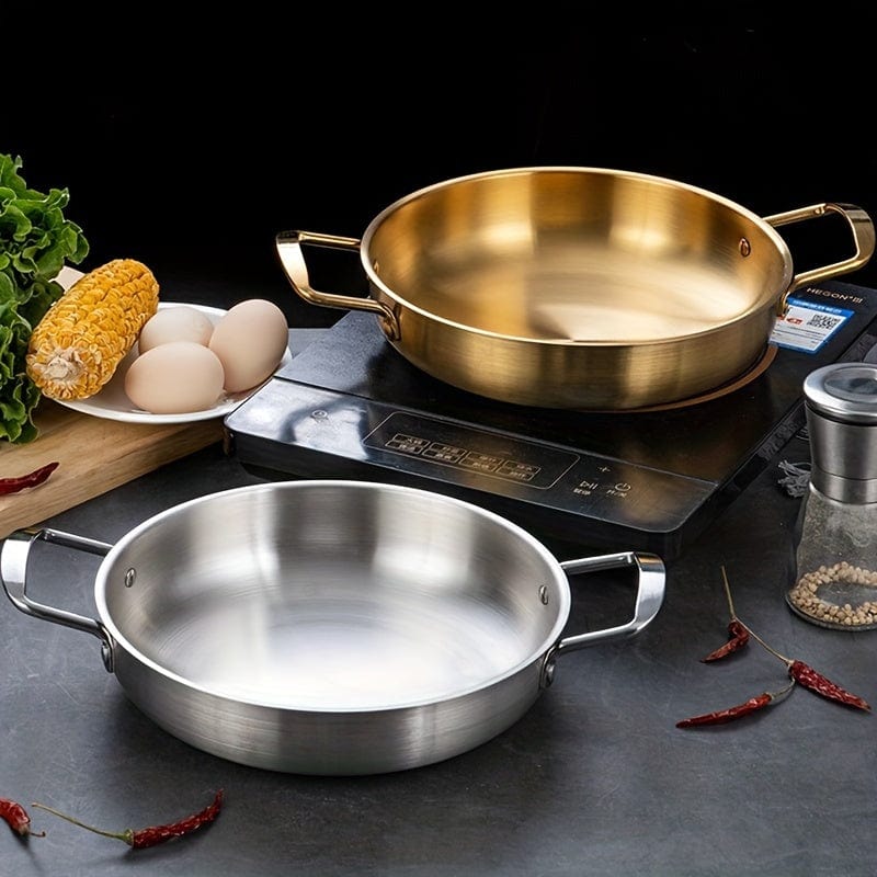Planet Gates Seafood Griddle (double Ears) Without Lid-gold 18cm 1pc, Korean Seafood Pot, Stainless Steel Ramen Noodles Pot For Hot Pot, Golden Instant Noodle Pot, Two Ear Noodle Pot, Kitchen Utensils, Camping Cooking Tools, Cookware
